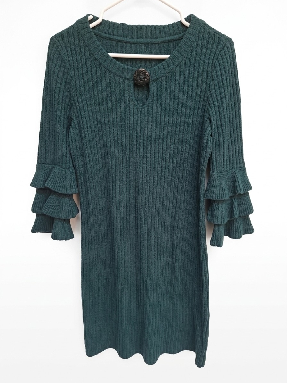 Tacera Teal Ribbed Midi Dress with Tiered Ruffle Sleeves